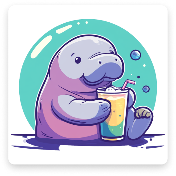 Blotato — lamantin mauve, verre de jus en bulle d’eau