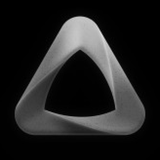 Superwhisper — boucle triangulaire 3D, tons gris, fond noir